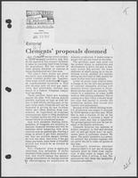 Newspaper clipping headlined: "Clements' proposals doomed", July 29, 1982